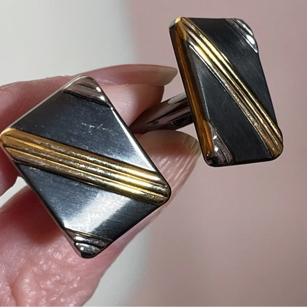 Vintage 1960 70 MCM Mod Art Deco Silver Black gold Mobking oversized Cufflinks